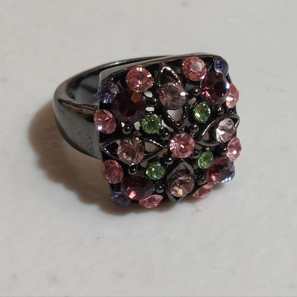 Jewelry - Gunmetal Tone Ring Embellished with Multicolor Sparkly Rhinestones Size 8